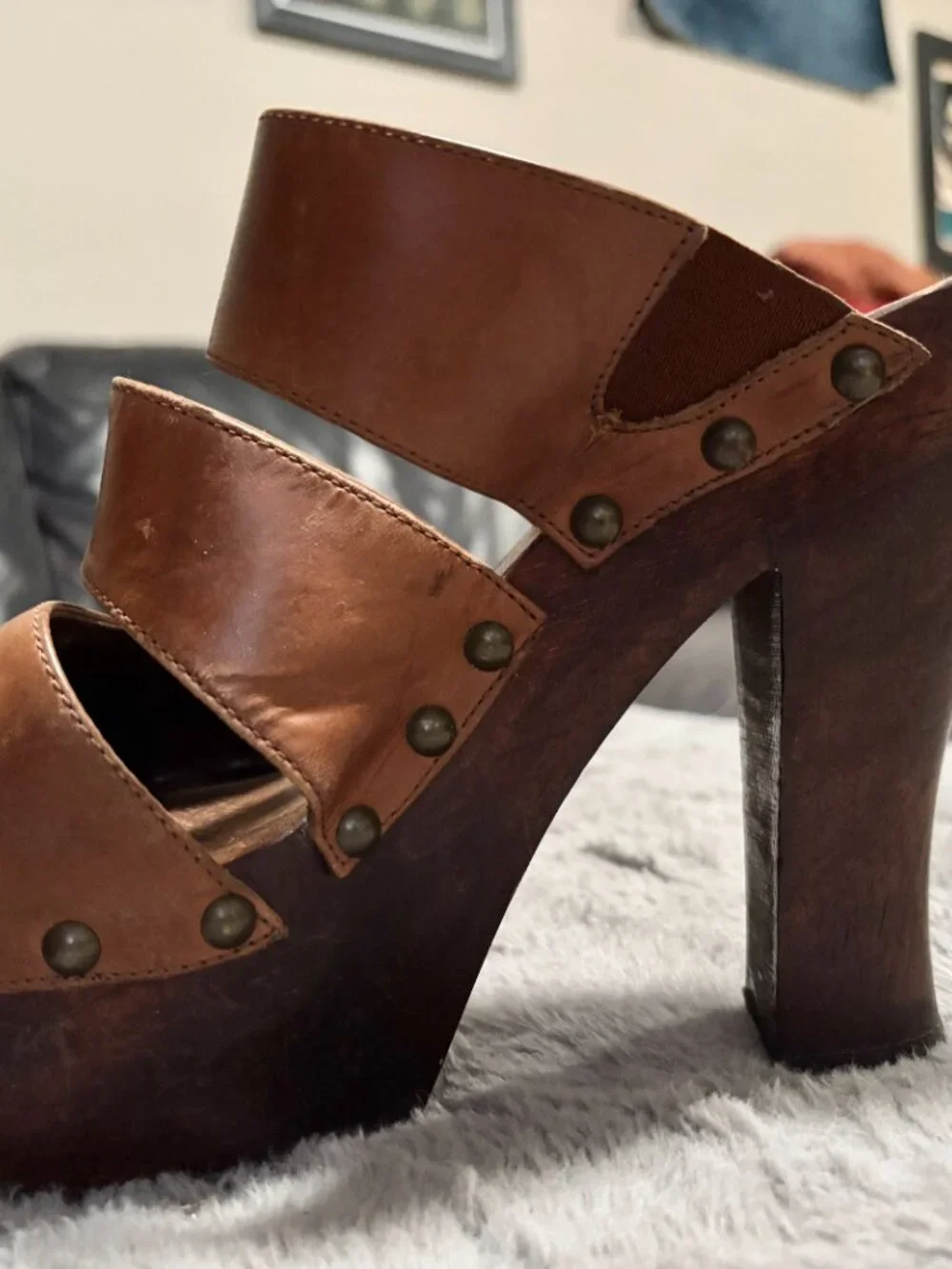 Wild Pair Brown Leather Studded Platform Heels